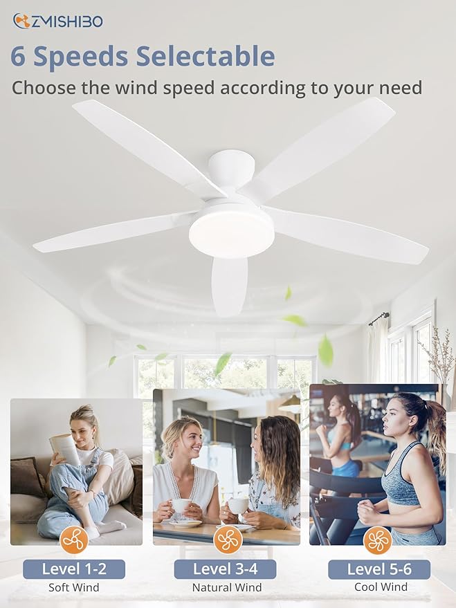 ZMISHIBO 52 inch Ceiling Fans with Lights and Remote/APP Control,White Low Profile Ceiling Fan with Light,Quiet DC Motor,LED Dimmable, Modern Flush Mount Ceiling Fan for Bedroom Indoor/Outdoor Patio