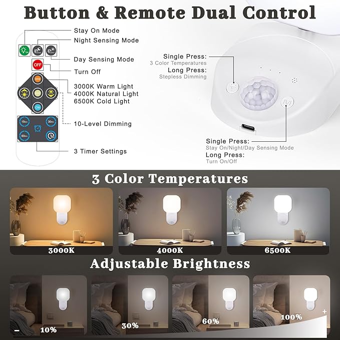Yochoice Rechargeable Motion Sensor Wireless Dimmable LED Wall Lights with Remote, Closet Lights Battery Operated with Adjustable Lighting and Angle, for Closet Pantry Bedroom Garage, 2 Packs