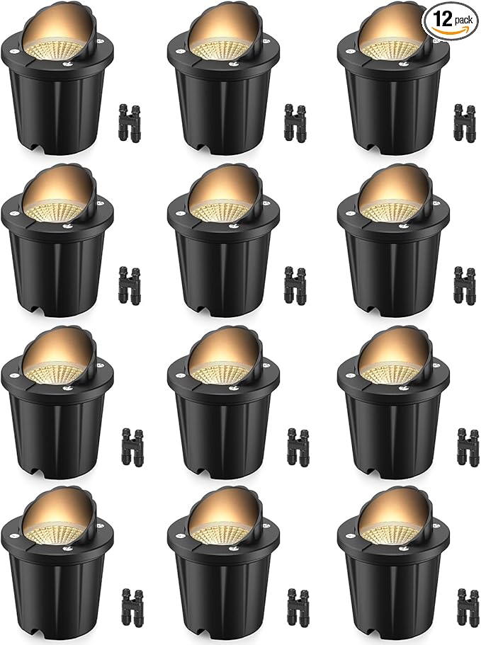 HIBOITEC Low Voltage Landscape Lights, 12W LED Outdoor In-Ground Lights 1200LM Waterproof IP67 Landscape Lighting, Anti-Glare Die-Cast Aluminum Garden Lights for Pathway Tree Yard, 12 Pack