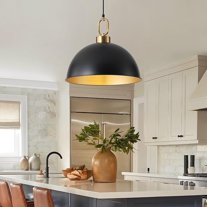 16.1" Large Farmhouse Pendant Lights Kitchen Island, Industrial Dome Pendant Light Fixture, Matte Black with Gold Handle Adjustable Height Hanging Island Light for Dining Room,Kitchen,Cafe