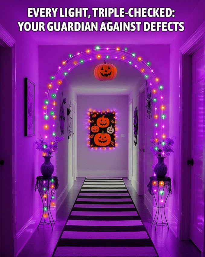 Halloween String Lights Battery Operated, Orange Purple and Green Lights with Timer Waterproof 16.4ft 50 LED Halloween Decorations for Outdoor Indoor Patio Party Garden Yard Decor
