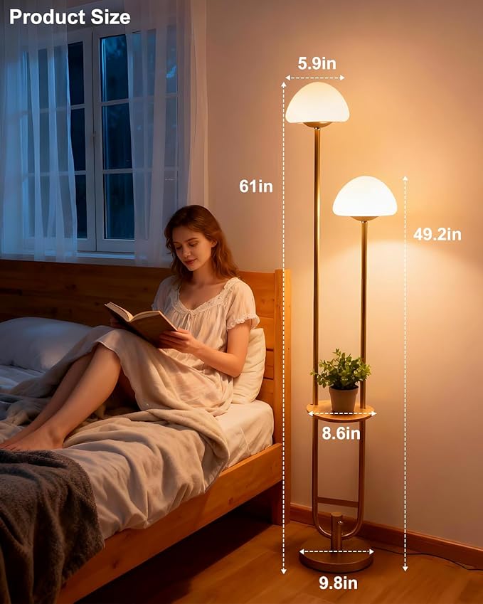 Lightdot 63IN Gold Dimmable Floor Lamp with Table& Mushroom Shades, Modern Mid Century Standing Lamps with Bulbs Included, Unique Vintage Tall Floor Lamp for Living Room/Sofa Beside/Corner Decor
