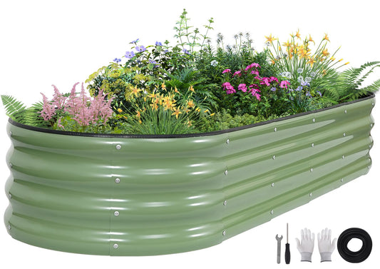 BIRDSINYARD Galvanized Raised Garden Bed - 6×2×1ft Planter Raised Beds for Gardening | Oval Metal Garden Planter Box with Safety Edging and Gloves for Vegetables Fruits and Flower OliveGreen