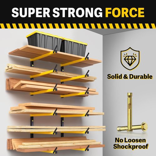 GREENER Lumber Storage Rack - Heavy-Duty Wall-Mounted Wood Organizer | 3-Level Design, Yellow, 4 Pairs