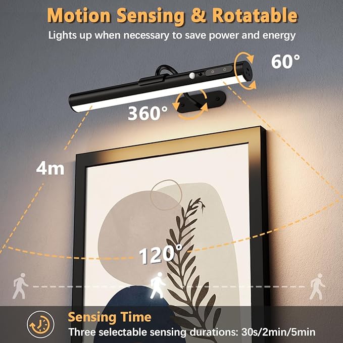 Motion Sensor Battery Operated Picture Light, Wireless Rechargeable Magnetic Art Wall Sconce with Remote Control, LED Picture Frame Lights for Paintings Mirror Portrait Gallery Dart Poster (Black)