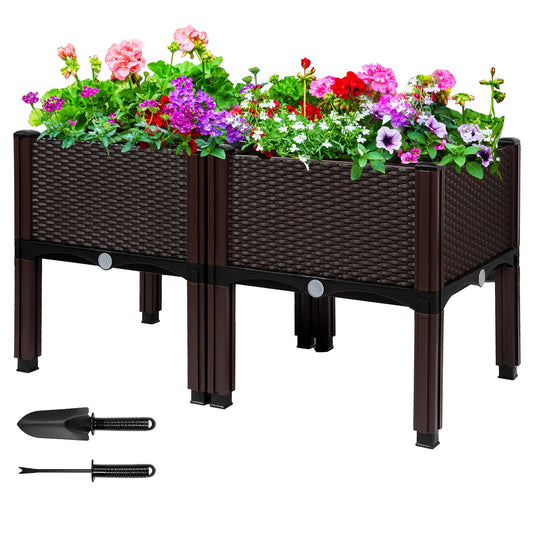 MAYOLIAH Raised Garden Bed with Drainage Elevated Planter Box Plastic Raised Beds for Gardening Vegetables Herb Flowers, Perfect for Indoor Outdoor Planting, 2 Boxes Brown