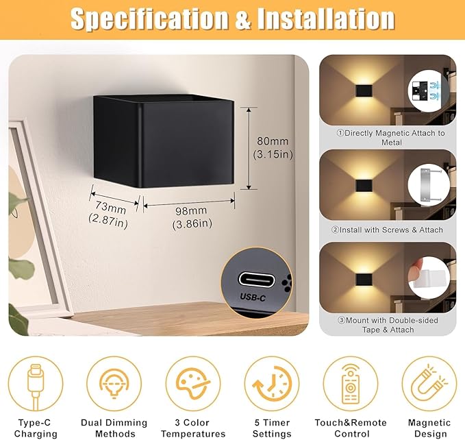 Motion Sensor Wall Sconces Indoor Set of 4, 6000mAh Wireless Rechargeable Battery Operated LED Wall Sconce Up & Down with Touch & Remote Control, Battery Powered Magnetic Wall Lamps with 3CCT, Black