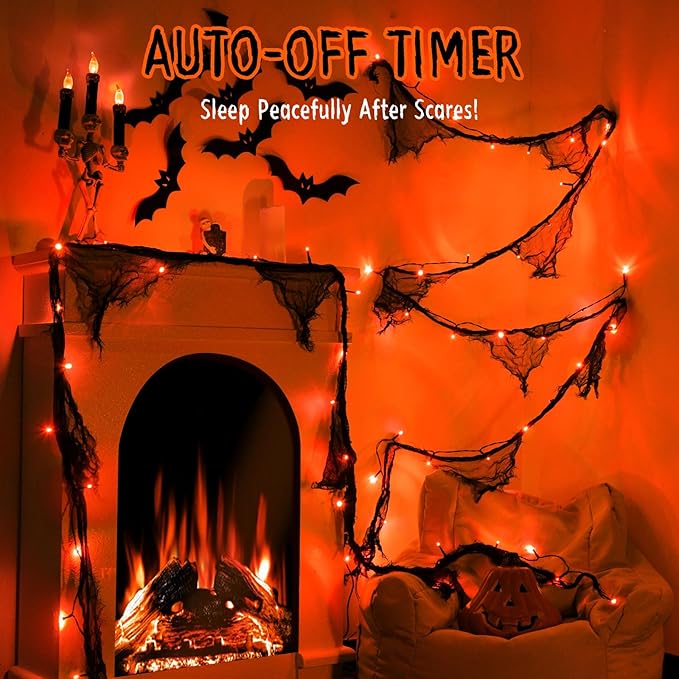 Halloween Lights Battery Operated or USB, Creepy Cloth String Lights with Timer Waterproof 9.8ft 30LED Orange String Lights Halloween Decortions for Fireplace Window Door Mirror
