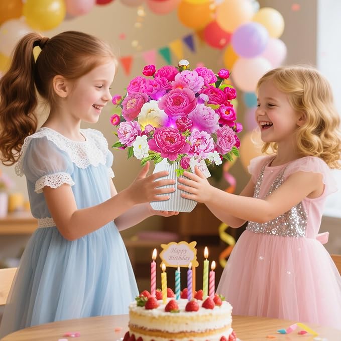 Birthday Cards with MUSIC & LIGHTS, Pop Up Happy Birthday Cards, Pink Penoy, 10 Inch Life Sized Forever Flower Bouquet Greeting Card Gifts for Women Mom Grandma