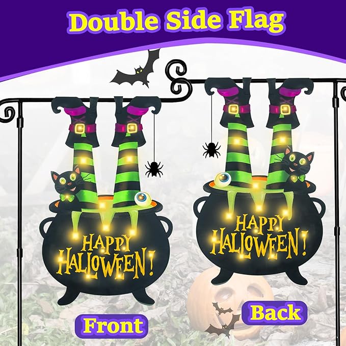 Halloween Lighted Garden Flag for Outside, Led Solar Yard Flag 8 Modes Witch Feet Shape Flag, 28x42 Double Sided Cauldron Eyeball Black Cat Decorations for Home Porch