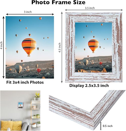 JCJMY Rustic White 3x4 Picture Frame - Versatile Wall & Tabletop Display with Shatter-Resistant Plexiglass