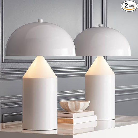 360 Lighting Felix Modern Cottage Accent Table Lamps 19" Tall Set of 2 White Tapered Geometric Metal Mushroom Dome Shade for Bedroom Living Room House Home Bedside Nightstand Office Family