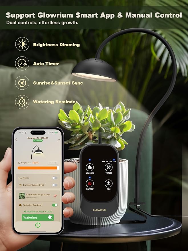 GLOWRIUM Smart Grow Lights for Indoor Plants,10W Full Spectrum Plant Lights with Bluetooth App Control, 360° Flexible Gooseneck Grow Lamp, Auto Timer 3/9/12Hrs, 10 Brightness for Small Plants, Black