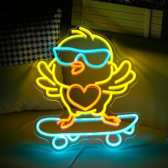 Skateboard Chick Neon Sign Dancing Chicken LED Neon Light for Wall Decor Dimmable USB Light Up Chick Sign for Bedroom Kids Room Birthday Gifts for Boy Girl (16.5”*12.6”)
