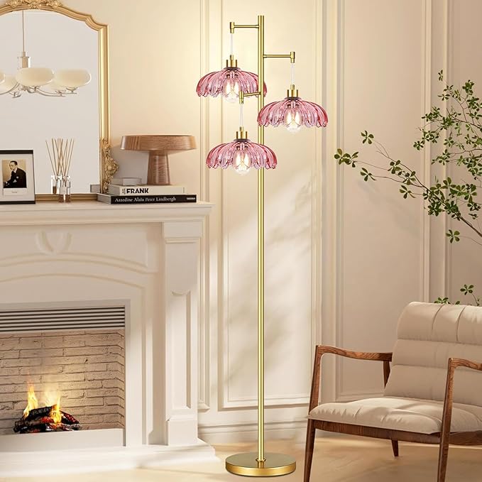 Pink Floor Lamp for Living Room,Bedroom,Gold Flower Mid Century Modern Standing Lamp Brass Tree 3 Light Tall Floor Lamps Vintage Floor Lights Glass Lamp Shade Farmhouse Boho Bohemian