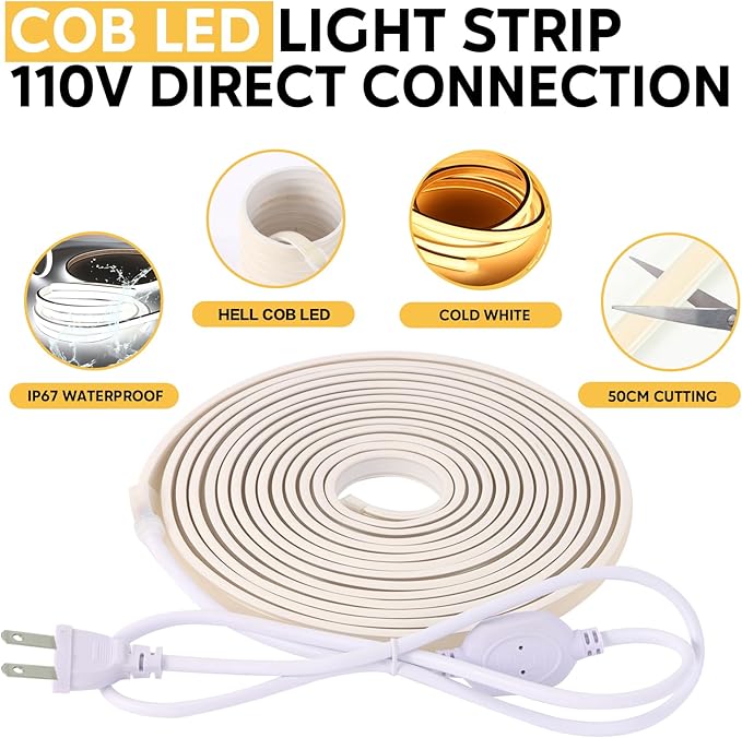 110V COB LED Strip Outdoor LED Strip Lights Waterproof IP67 3000K Warm White, 2 Meters Flexible Strip Lighting for Mirror Living Room Bedroom and Study (Warm White, 6.56ft)