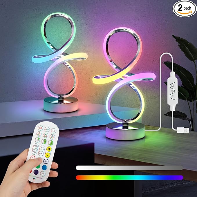 Modern RGB Table Lamps, Multicolor Changing Spiral Bedside Lamp with Remote&APP, Cool Table Lamp, Dimmable LED Nightstand Lamp with Music Rhythm Modes for Bedroom, Living Room, Black(2 Pack)