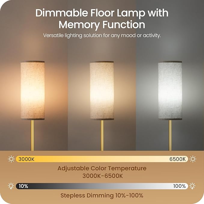 Dimmable Floor Lamps for Living Room with Remote and Foot Switch, 64.4” Modern Standing Tall Lamp, Corner Lamp for Bedroom, Bulb Included, 3000K-6500K, White and Gold, FCC Listed DW06LD05W1