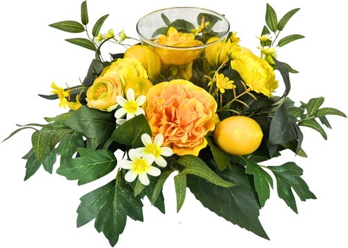 17 Inch Lemon Floral Centerpiece | Skiennix Glass Hurricane Candle Holder & Yellow Peony Wreath for Dining Table Decor