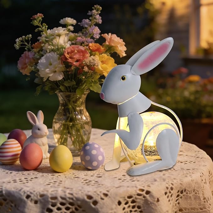 MUMTOP Metal White Rabbit Solar Lights Decorative, Bunny Easter Decorations Cracked Glass Light Tabletop Lantern, Spring Decor Solar Lanterns Outdoor Waterproof for Yard Patio Garden Easter Gift