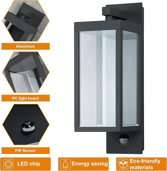 Motion Sensor Outdoor Wall Lantern 2 Pack Black Modern LED Exterior Light Fixture with Clear Glass for House Garage IP54 Waterproof 750LM