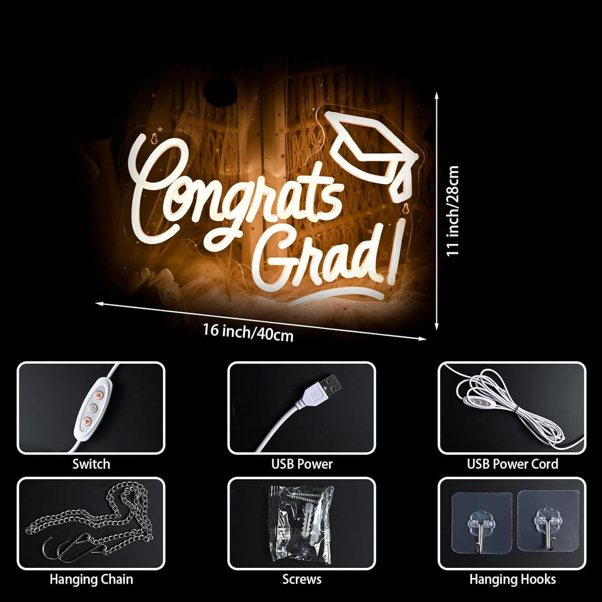 Skiennix Congrats Grad Neon Sign - Warm White LED Graduation Cap Light | 16x11 Inches for Class of 2026 Celebrations