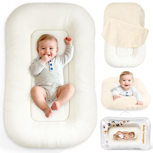 **Baby Lounger by Snuggle Nest - Breathable Cotton Infant Nest for Newborns 0-24 Months | Portable & Travel-Friendly, White**