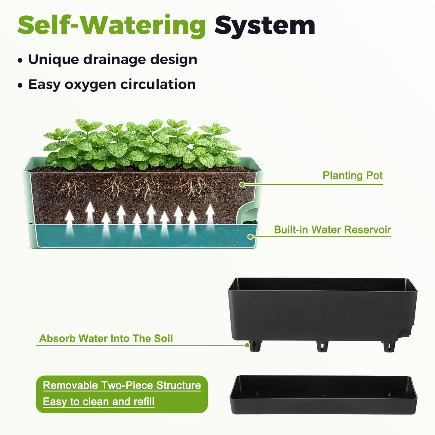 Self Watering Pots for Indoor Plants 17 Inches Window Boxes Planters Rectangular Flower Pots Rectangle Herb Pots Large Plant Pots with Drainage Holes and Saucers Windowsill Planter (4, Black)