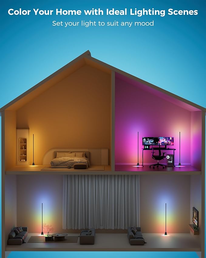 2 Pack Corner Floor Lamp, Smart RGB LED 60 Inch Standing Lamp with 344 LEDs, App & Remote Control, 16 Million Colors & Music Sync for Bedroom, Gaming Room, Home Decor, Modern Ambient Lighting