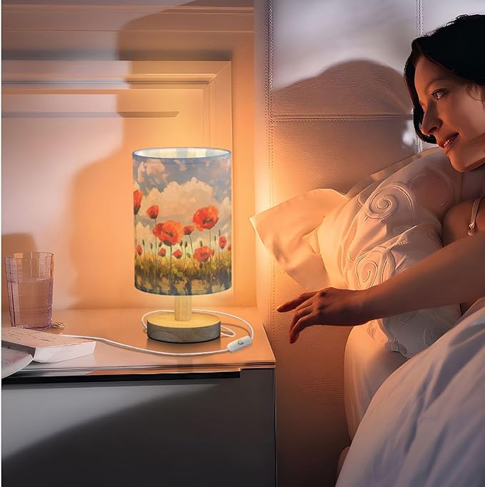 Fustylead Oil Painting Poppy Flowers Bedside Table Lamps with USB Port for Bedroom Lamp Accent Table Lamp Small Nightstand Lamp Sturdy Linen Shade Wooden Decorative Lamps for Office Dorm Home
