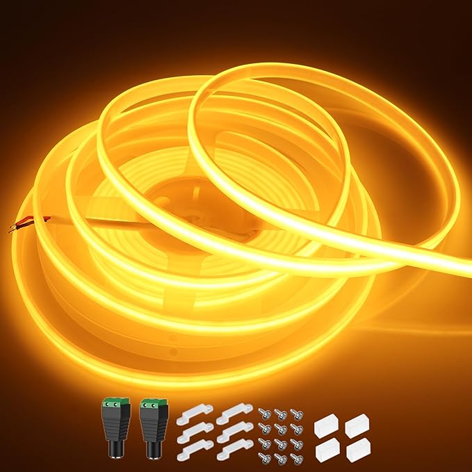 COB LED Strip Lights Waterproof IP67 Golden Yellow 2200K DC12V 16.4ft/5m 480LEDs/m Super Bright LED Tape Lights for Outdoor Cabinets Bar DIY Lighting