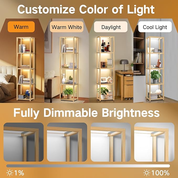 OUTON 67" Glass Display Shelf with Dimmable LED Floor Lamp, Collectibles Display Cabinet with Remote & App Control, 5 Tier Open Bookshelf Lamp for Living Room, Bedroom, Office, Home Decor, Wood