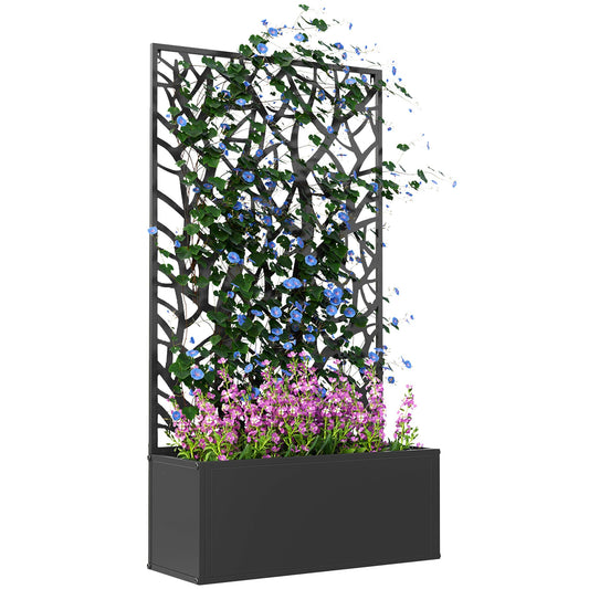 Outsunny Metal Raised Garden Bed with Trellis for Climbing Plants, Freestanding or Wall Mounted Flower Bed with Privacy Panel, Two Big Tree Cut-Outs Outdoor Planter Box for Garden, Patio, Balcony