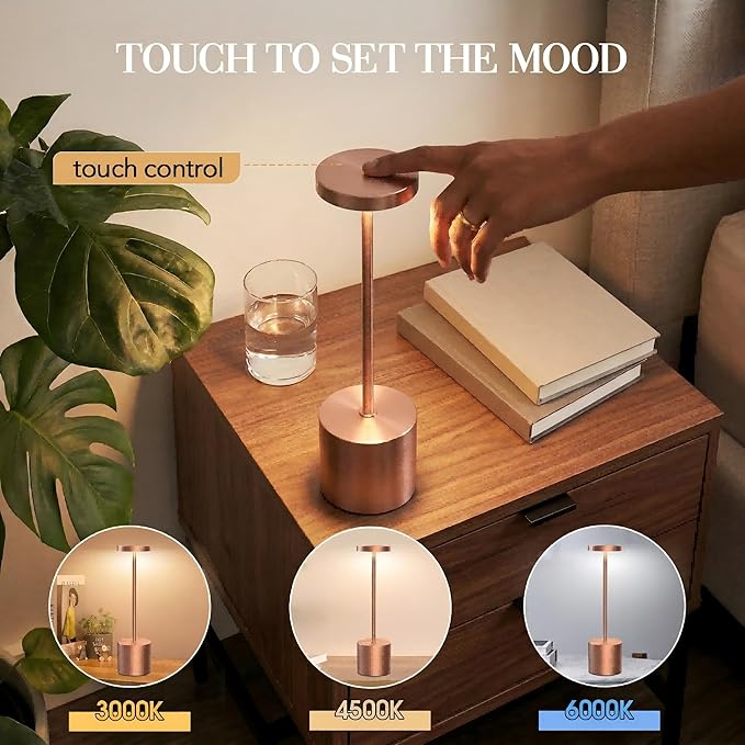 Rechargeable Table Lamp –Outdoor Touch Cordless Desk Lamps, 5000mAh Battery Operated Lamp with 3-Color Dimmable Light, Portable LED Lamp for Bedroom, Dining Room, Patio, Outdoor (Rose Gold)