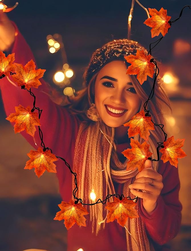 Thanksgiving Orange Maple Leaf Lights, 13.6FT Orange Fall Leaves String Lights, Waterproof Connectable Outdoor Patio String Lights for Indoor Home Outdoor Fall Decor Halloween Decorations