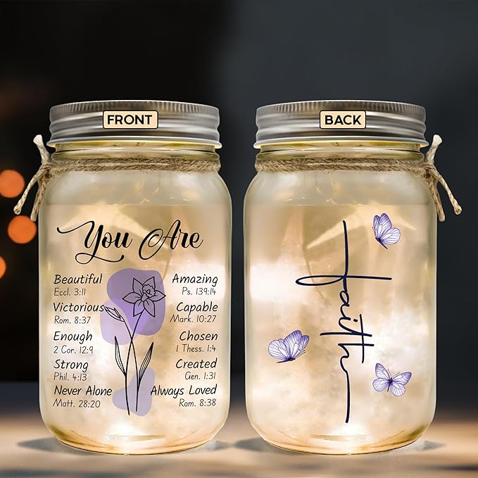 Religious Gifts for Women Christian Mason Jar Lamp - Easter Mothers Day Inspiration for Mom Bible Encouragement Gifts for Women - Faith Jar 14oz Nightlight Bible Scripture for Mom Nana Girlfriend