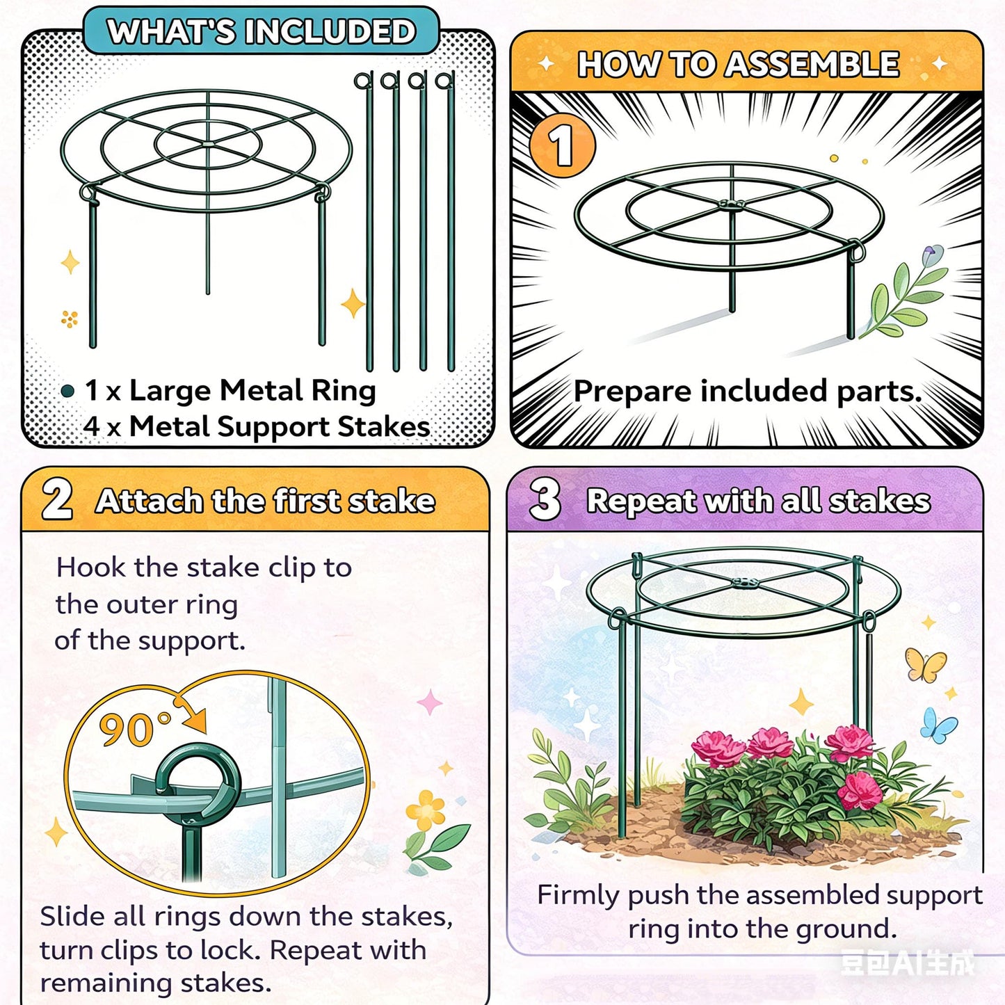 6 Pack Heavy Duty Peony Cages and Supports, 12" D x 18" H, Large Metal Support Rings, Easy Ground Insertion, Easy Installation & Durable, Sturdy for Climbing Plants