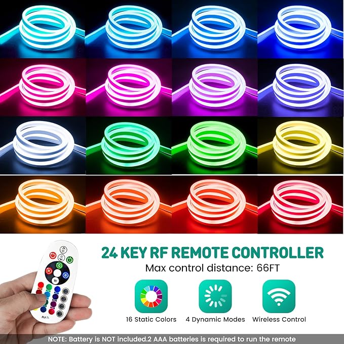 GZBtech RGB LED Neon Rope Lights 16.4FT/5M, AC 110-120V Waterproof Color Changing LED Rope with Remote Control, Dimmable Multi Color Strip Lighting for Indoor Outdoor Commercial Use, ETL Listed