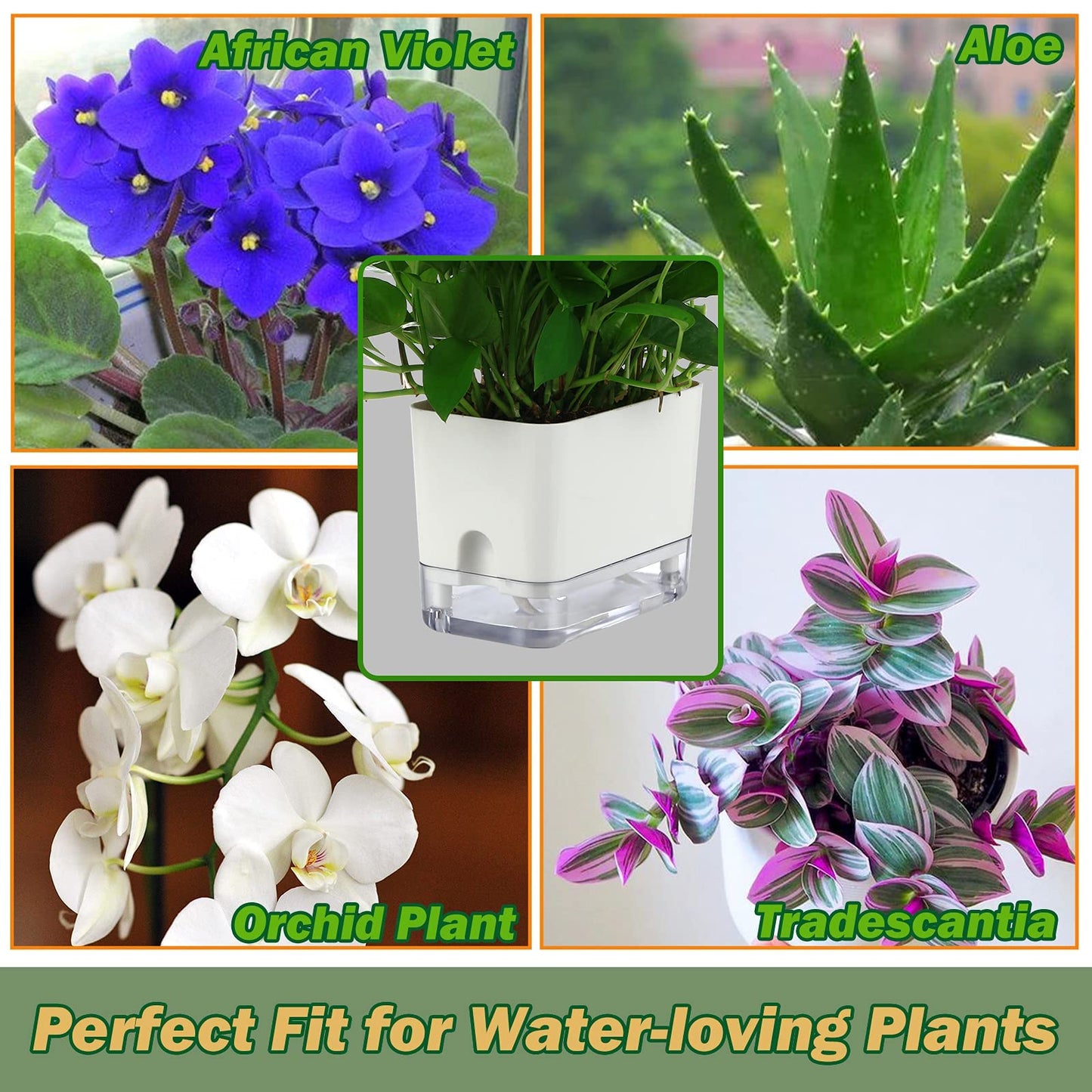 Planterhoma Self Watering Plant Pots for Indoor Plants 7/10 inch, 2 Packs Rectangle Self-Watering Planters with Drainage Hole, White African Violet Pots for Devil's Ivy, Spider Plant, Orchid, Herb