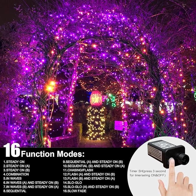 LAMPHOME 33ft Halloween Decorative Mini Lights, 100 LED Green Wire Fairy Starry String Lights Plug in, 16Lighting Modes, for Halloween Decoration Outdoor Party Decoration (Orange and Purple)