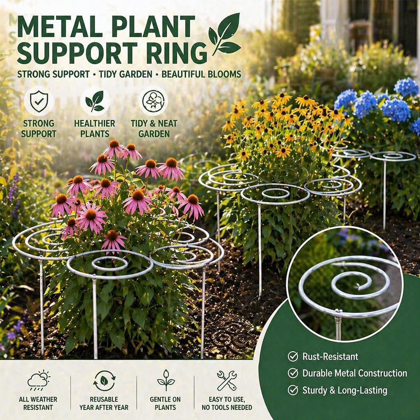 2026 Metal Plant Support Ring, Garden Plant Support Stakes, Peony Cage Stand, Indoor Pots, Flower Hoop, Decorative Grow Through Rings, Stackable Houseplant Stake, Outdoor Orchid Clip (M-2)
