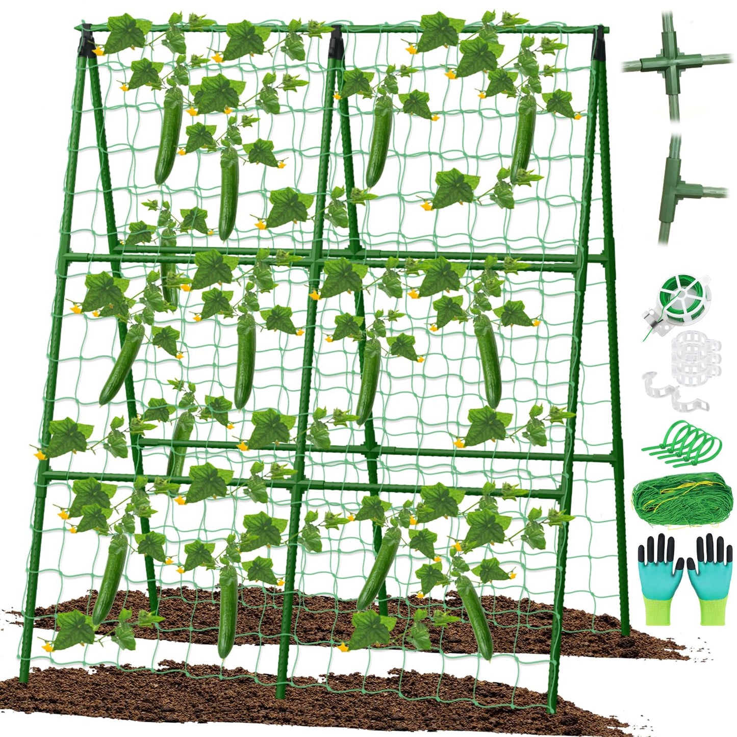 Cucumber Trellis for Raised Beds, 31 X 47 Inch Adjustable Size A-Frame Garden Trellis for Climbing Plant Outdoors with Climbing Net and Plant Support Clip for Vegetable Grape Tomato Garden Supplies