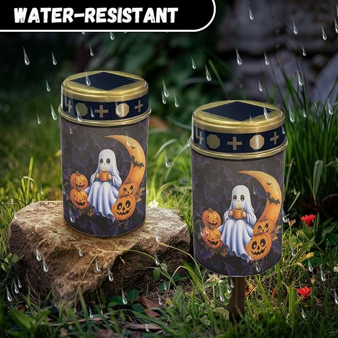 Halloween Prayer Cemetery Solar Lights for Grave Cemetery Cute Ghost Moon Candle Lamp Solar Powered Landscape Lights Halloween Decorations