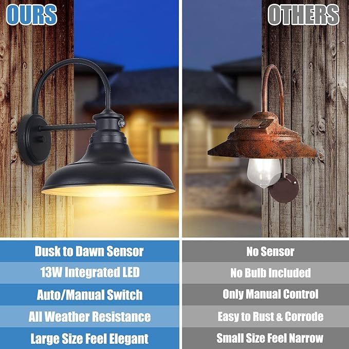 Dusk to Dawn LED Outdoor Barn Lights - Farmhouse Gooseneck Exterior Light Fixture Wall Mount, 12.25" Large Black Porch Lights, Outside Wall Lights for House Garage Patio Doorway (13W 2700K), 1 Pack