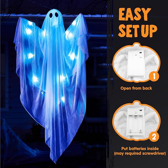 JOYIN Halloween Hanging Light up Ghost with Spooky Blue LED Light, 47” White Ghosts Halloween Hanging Decoration for Front Yard Patio Lawn Garden Party Decor Indoor Outdoor