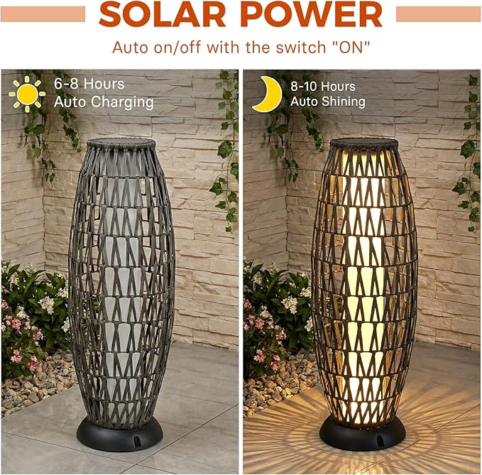 Solar Yard Outdoor Solar Lamp Woven Wicker Boho Lantern Floor Lamp, Decoration for Garden, Deck, Yard, Pathway, Oslo Silver Black