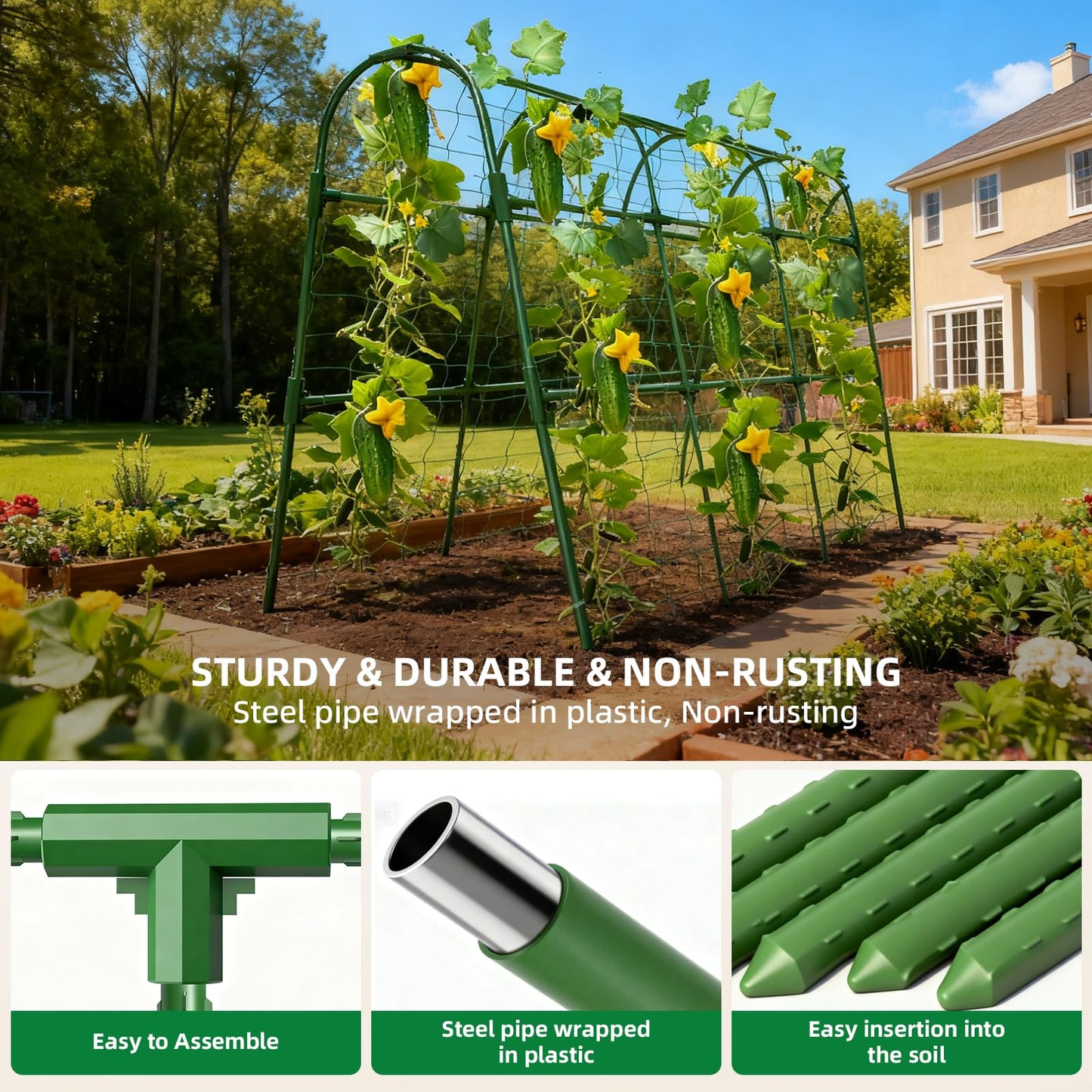 Laodier Cucumber Trellis for Raised Bed, U-Shape Garden Arch Metal Support for Climbing Plants, Metal Arch Plant Support Vegetables Trellis, Plant Support for Vine Outdoor (Green, 47*30*47inch(L*W*H))