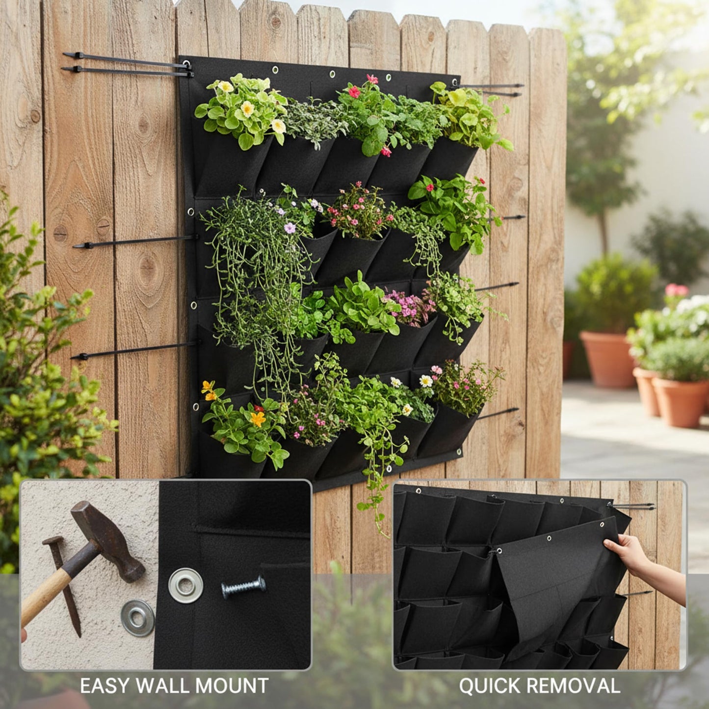 BeVistoso Vertical Garden Planter with 36 Pockets, Living Wall Planter for Indoor Outdoor Use, Thick Non-Woven Fabric Planting Bag (Black, 39.4"x39.4")
