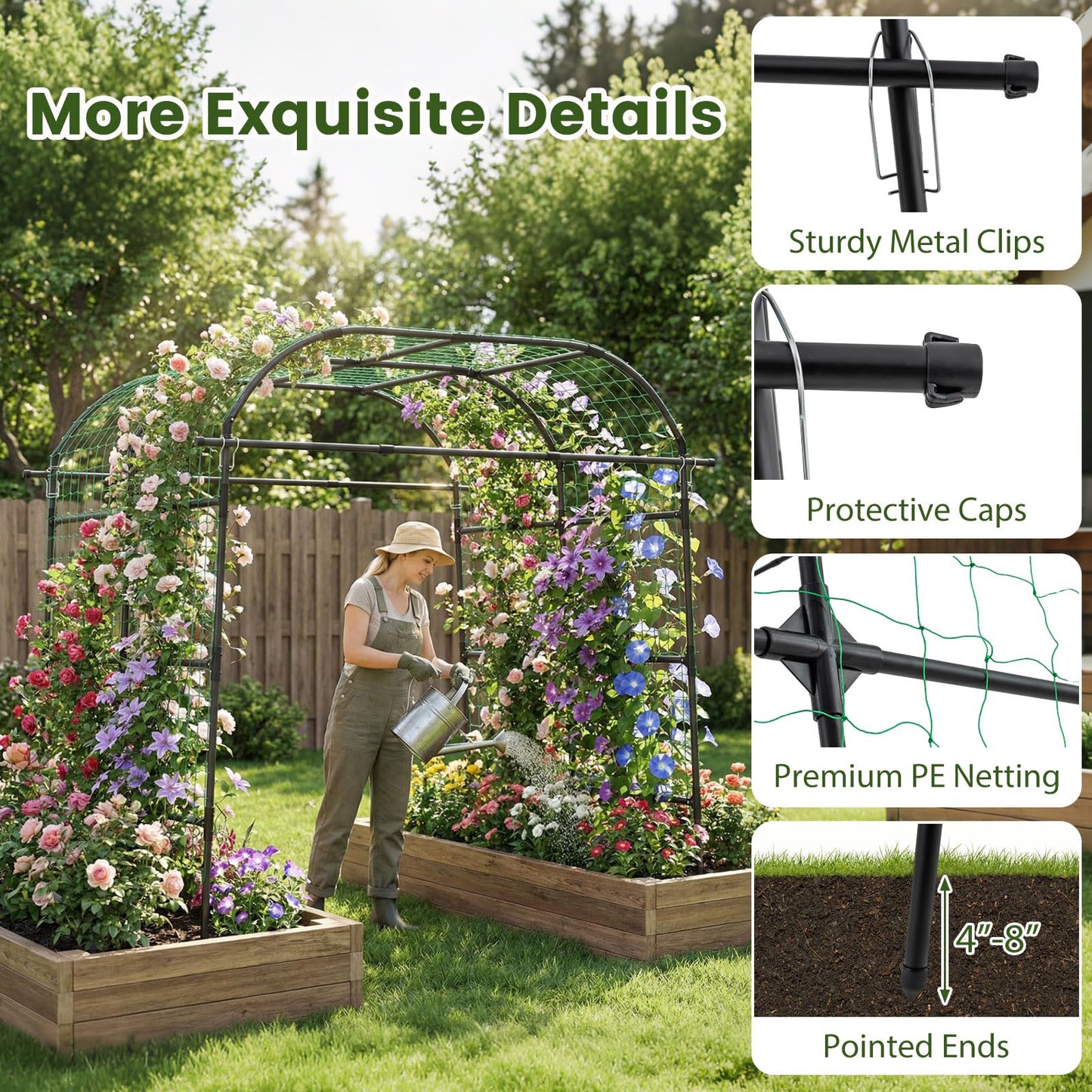 Happygrill Metal Garden Arch Trellis for Climbing Plants, 8 FT Extra Wide U-Shape Cucumber Trellis for Raised Bed, Heavy-Duty Metal Plant Support for Vegetables Flowers Grape Vines