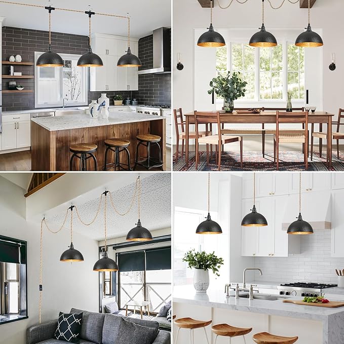 3 Light Plug in Pendant Lights Hammered Dome Hanging Lamp with Switch 22 Ft Long Hemp Rope Farmhouse Pndant Light Cord Lighting Fixture DIY Hanging Light